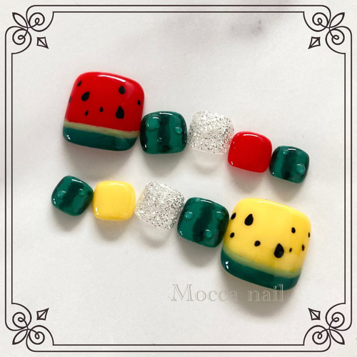 156】スイカ ぷっくり水滴 フルーツ フットネイルチップ ネイルチップ