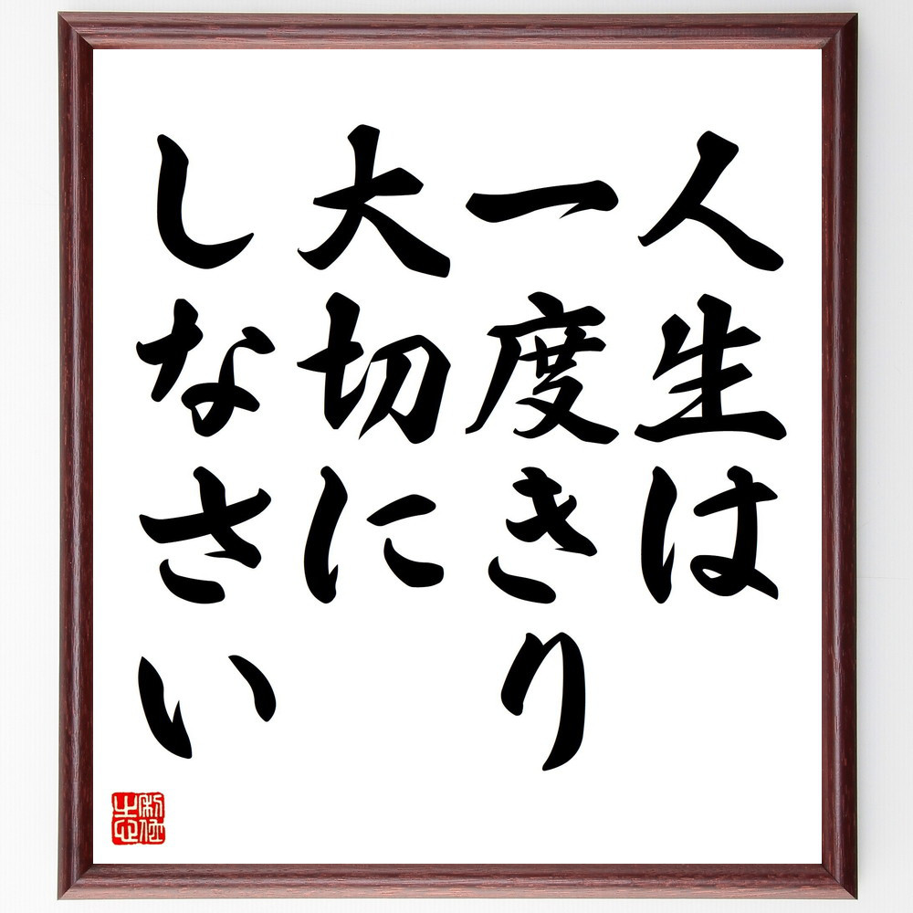 名言「人生は一度きり、大切にしなさい」手書き書道色紙額／受注後の毛筆直筆（V4408）