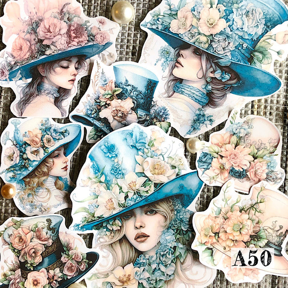 ジャンクジャーナル　junk journal お花と女の子 送料無料【A50コラージュ素材】女の子シール 花帽子 デザインペーパー