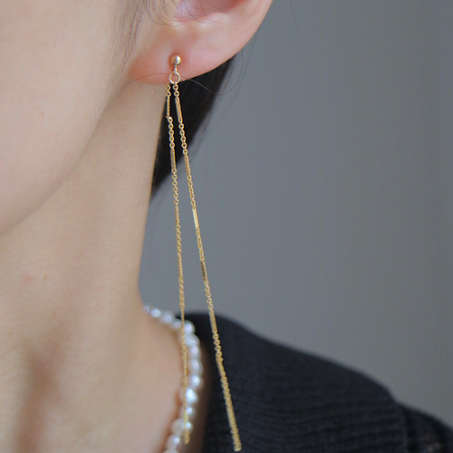 2way】14KGF フラットバー 揺れるロングチェーンピアス ピアス 