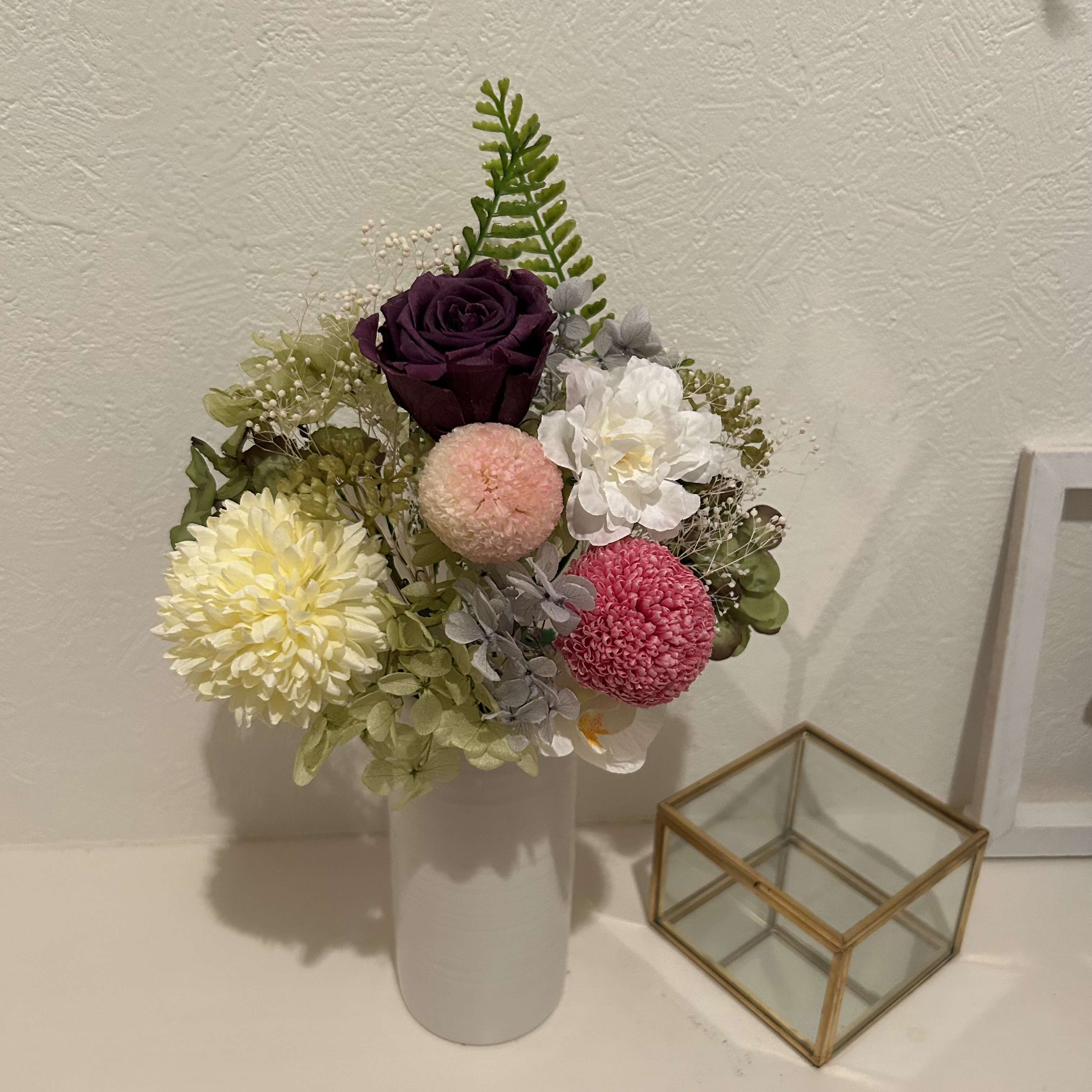 そのまま飾れるプリザーブドフラワー仏花　ピンポンマム　プリザーブドフラワー　お悔やみ　お供え　アーティフィシャルフラワー