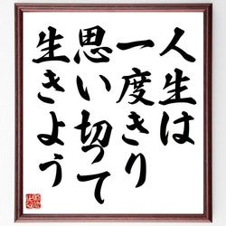 名言「人生は一度きり、思い切って生きよう」額付き書道色紙／受注後直筆（V4530) 1枚目の画像