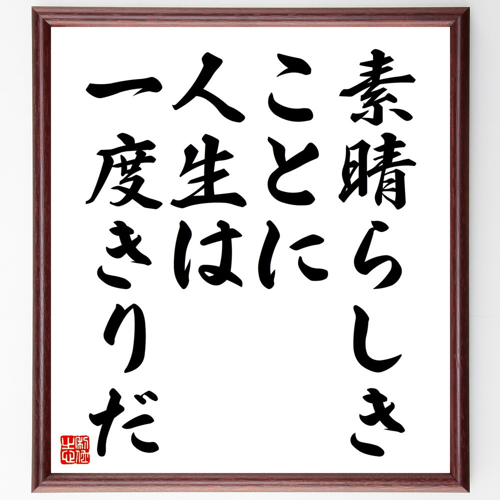 名言「素晴らしきことに、人生は一度きりだ」手書き書道色紙額／受注後の毛筆直筆（V4541）