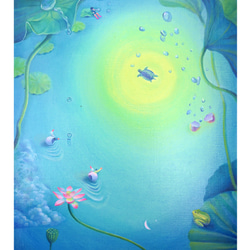 ある日の池でのできごと　亀と睡蓮　アートパネル　海　癒し　グラデーション　優しい絵　空 4枚目の画像