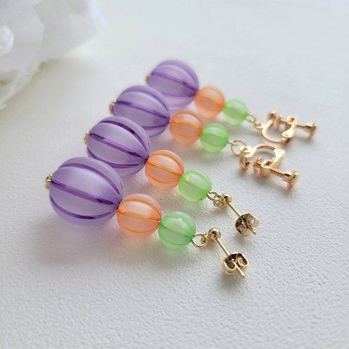 ころころ飴玉アクセサリー「黄緑・橙・紫」選べる金具ピアス