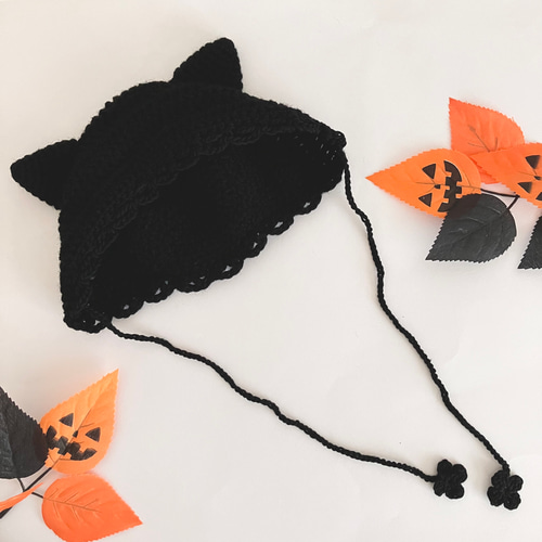 黒猫ちゃんのベビーボンネット☆ハロウィン 新生児~2歳サイズ 猫 黒猫ちゃんのベビーボンネット☆ハロウィン 新生児~2歳サイズ 猫