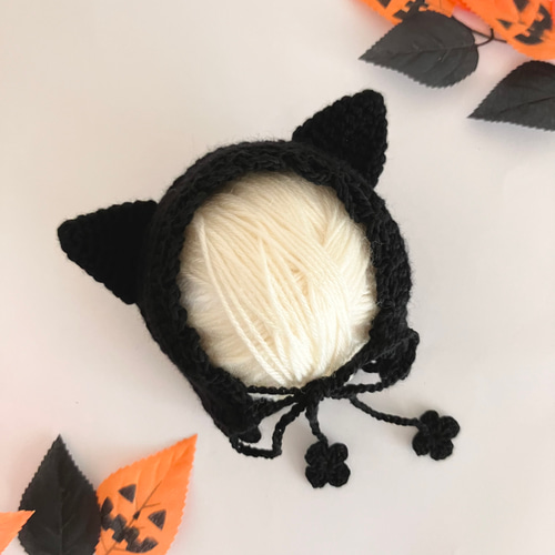 黒猫ちゃんのベビーボンネット☆ハロウィン 新生児~2歳サイズ 猫 黒猫ちゃんのベビーボンネット☆ハロウィン 新生児~2歳サイズ 猫