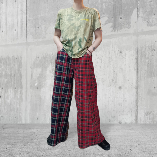 タータンチェック カーゴワイドパンツ:レッド キュロット