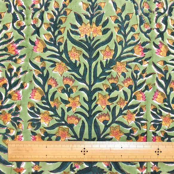 【50cm單位】暗綠色絢麗花朵印度手工塊印花布料棉質 第6張的照片