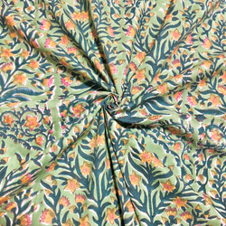 【50cm單位】暗綠色絢麗花朵印度手工塊印花布料棉質 第1張的照片