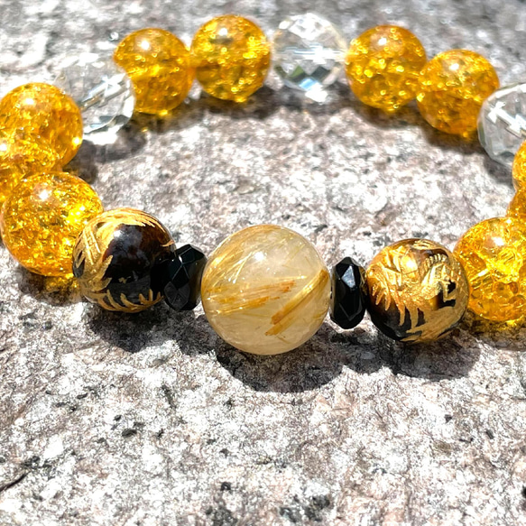 新たなチャレンジを応援する天然石ブレスレット♪ゴールドルチル×皇帝龍タイガーアイ×シトリンクラック＆カットオニキス・水晶 