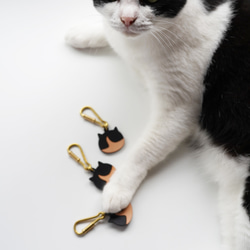 ハチワレ猫レザーキーホルダー 真鍮カラビナ付き 名入れ可能 [猫所] 4枚目の画像