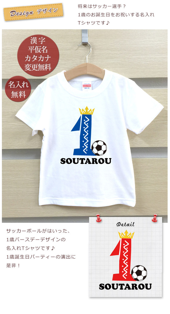 スポーツバースデー サッカー 1歳誕生日 名前入りベビーＴシャツ(半袖) 2枚目の画像