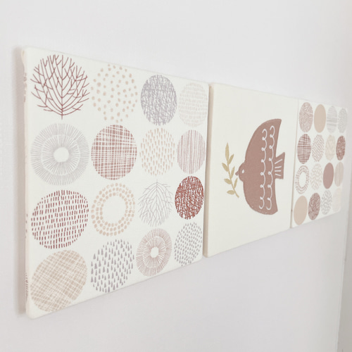 送料無料】ファブリックパネル 北欧小鳥刺繍&北欧ブラウン 15×15cm 3枚