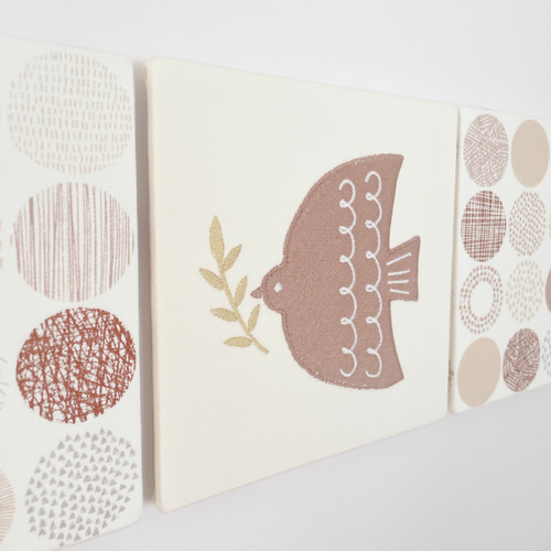送料無料】ファブリックパネル 北欧小鳥刺繍&北欧ブラウン 15×15cm 3枚