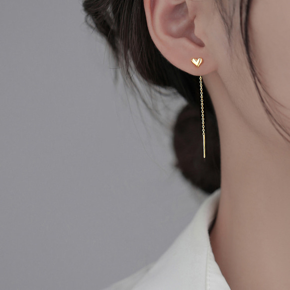 耳環女18K銀925金屬過敏相容心形鏈搖擺美式耳環工作 第3張的照片