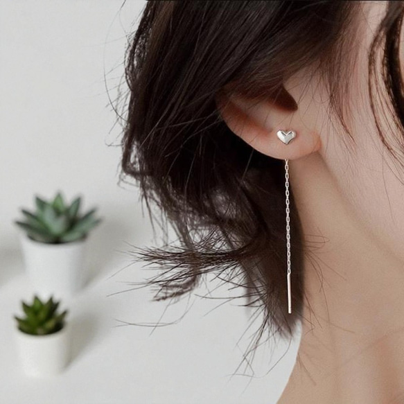 ピアス レディース 18K シルバー925 金属アレルギー対応 ハート チェーン 揺れる アメリカンピアス 仕事 3枚目の画像