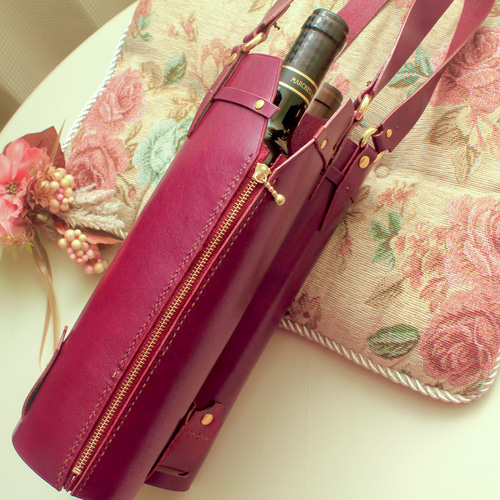 ボトルバッグ (ツイン) ワインレッド 赤紫 牛革 レザー 父の日 ギフト