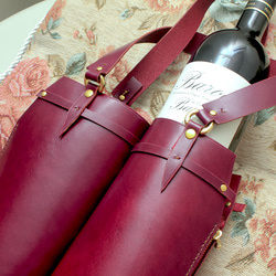 ボトルバッグ (ツイン) ワインレッド 赤紫 牛革 レザー 父の日 ギフト ワインや日本酒 お酒 瓶 鞄 8枚目の画像