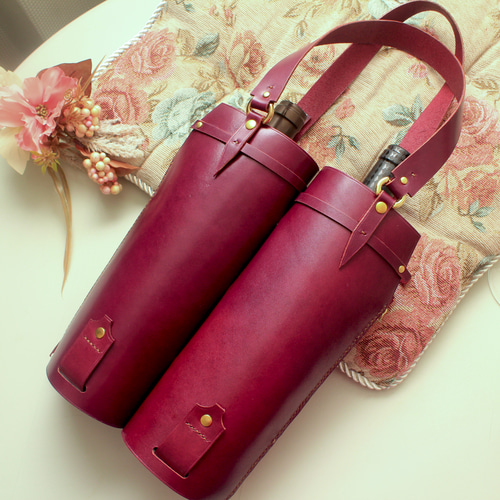 ボトルバッグ (ツイン) ワインレッド 赤紫 牛革 レザー 父の日 ギフト