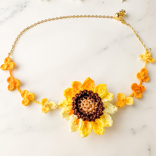 ひまわりと小花のお花畑 ブレスレット 夏 レース編み