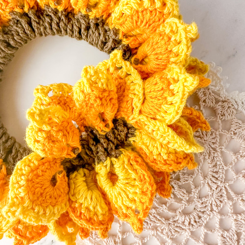 ひまわりシュシュ & ヘアゴム セット♡ かぎ針編み -ゴム換え