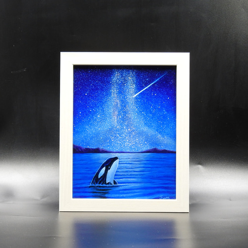 ☆仮縁付き☆アクリル画「星空ウオッチャー～星に願いを