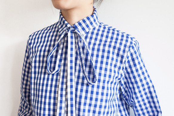 藍色/黑色格紋 系帶設計經典格子長袖襯衫 100%棉寬松日系 第9張的照片