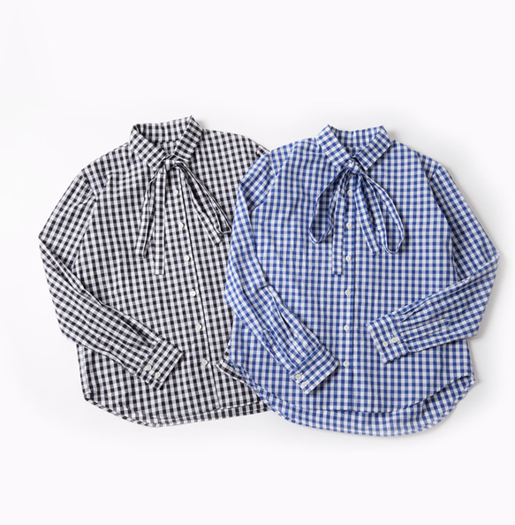 藍色/黑色格紋 系帶設計經典格子長袖襯衫 100%棉寬松日系 第15張的照片