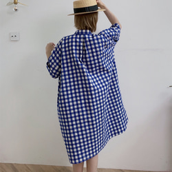 藍白格紋 格子襯衫洋裝 寬松大尺碼 短袖腰帶連衣裙 第4張的照片