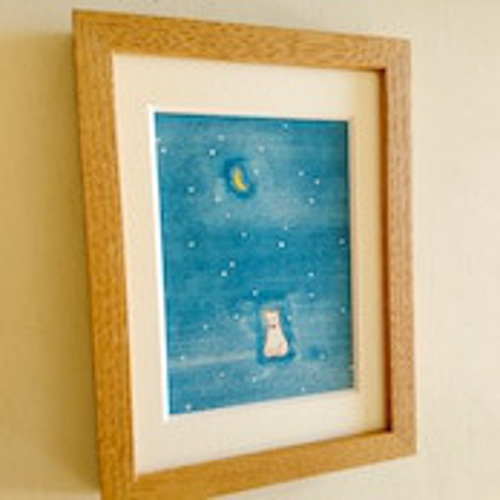 寒い夜に」原画 イラスト ※木製額縁入り（2Lサイズ）北欧インテリア