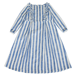 藍色條紋 2色 可愛減齡條紋洋裝  高腰花邊棉麻連身裙 不含白色襯裙 第16張的照片