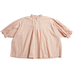 杏色 日系花邊領格子襯衫 復古棉麻褶皺燈籠袖襯衣 日式上衣 第18張的照片