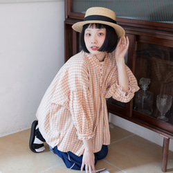 杏色 日系花邊領格子襯衫 復古棉麻褶皺燈籠袖襯衣 日式上衣 第8張的照片