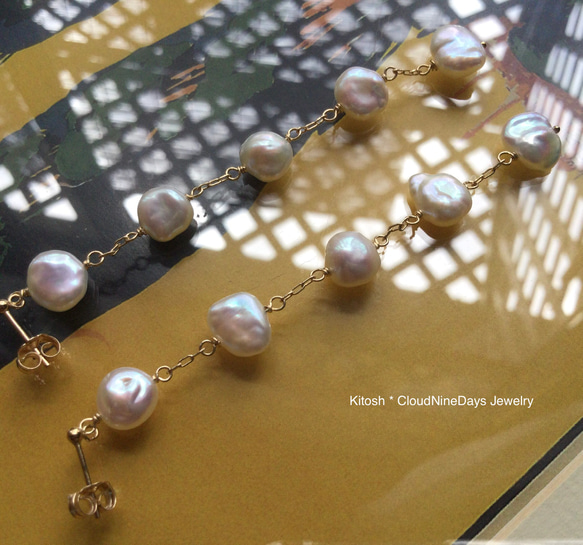 ケシのロングピアス14kgf 桜色〜白バロック大人の可憐な真珠達　※マルカン変更可 9枚目の画像