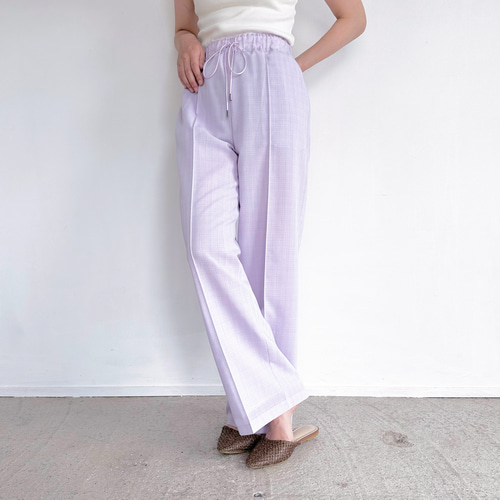 サマーウール素材ラベンダーチェックセンタープレスイージーパンツ裏地  