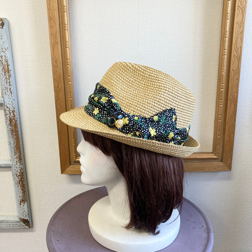 セール価格☆麦わら帽子❤️デザインリボンの麦わら風中折れ