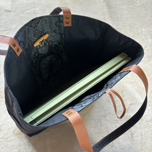 アンティーク大島紬のトートバッグ リバーシブル 青 A4サイズが