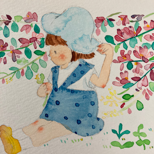 ポストカード　手描きイラスト　原画　オリジナル　水彩画 原画 水彩画 カワウソ 植物 ポストカード 手描きイラスト