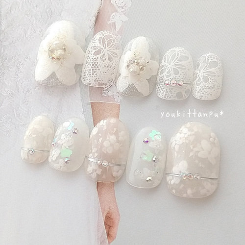ネイルチップ ブライダル 結婚式 白 キラキラ フルオーダーネイル オーダー ネイルチップ ホワイト ブライダル 華やか パール キラキラ