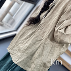 銀杏葉のプリント通気性の綿麻のスリット不規則な七分袖のVネック上着夏ですD 7枚目の画像