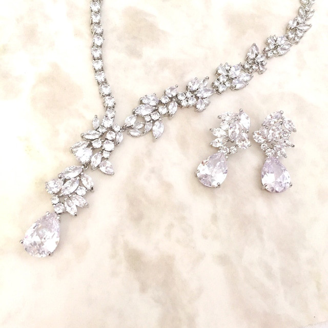 magnifique silver ジルコニアネックレス&ピアスセット ブライダル ウエディングアクセサリー お花
