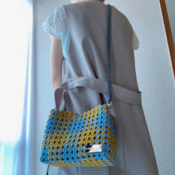 ２色の四角いショルダーバッグマスタード✖️水色shoulder bag 10枚目の画像