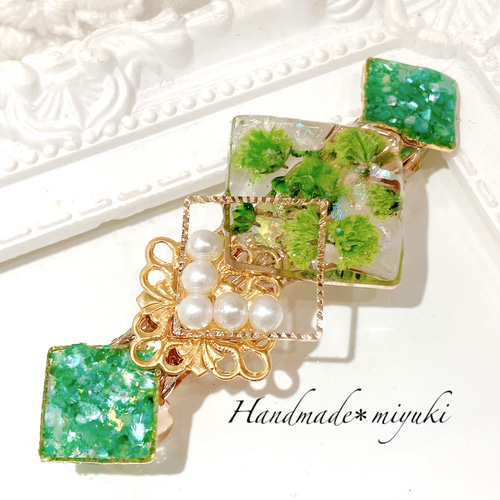 new グリーン 緑 かすみ草 クスエア バレッタ バレッタ Handmade