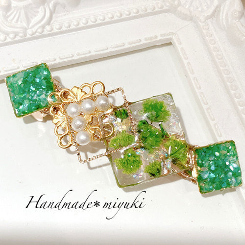 new グリーン 緑 かすみ草 クスエア バレッタ バレッタ Handmade