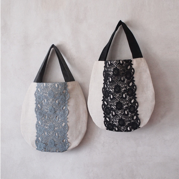 Linen ×Flower lace tote  　リネン×フラワーレースのトート 1枚目の画像