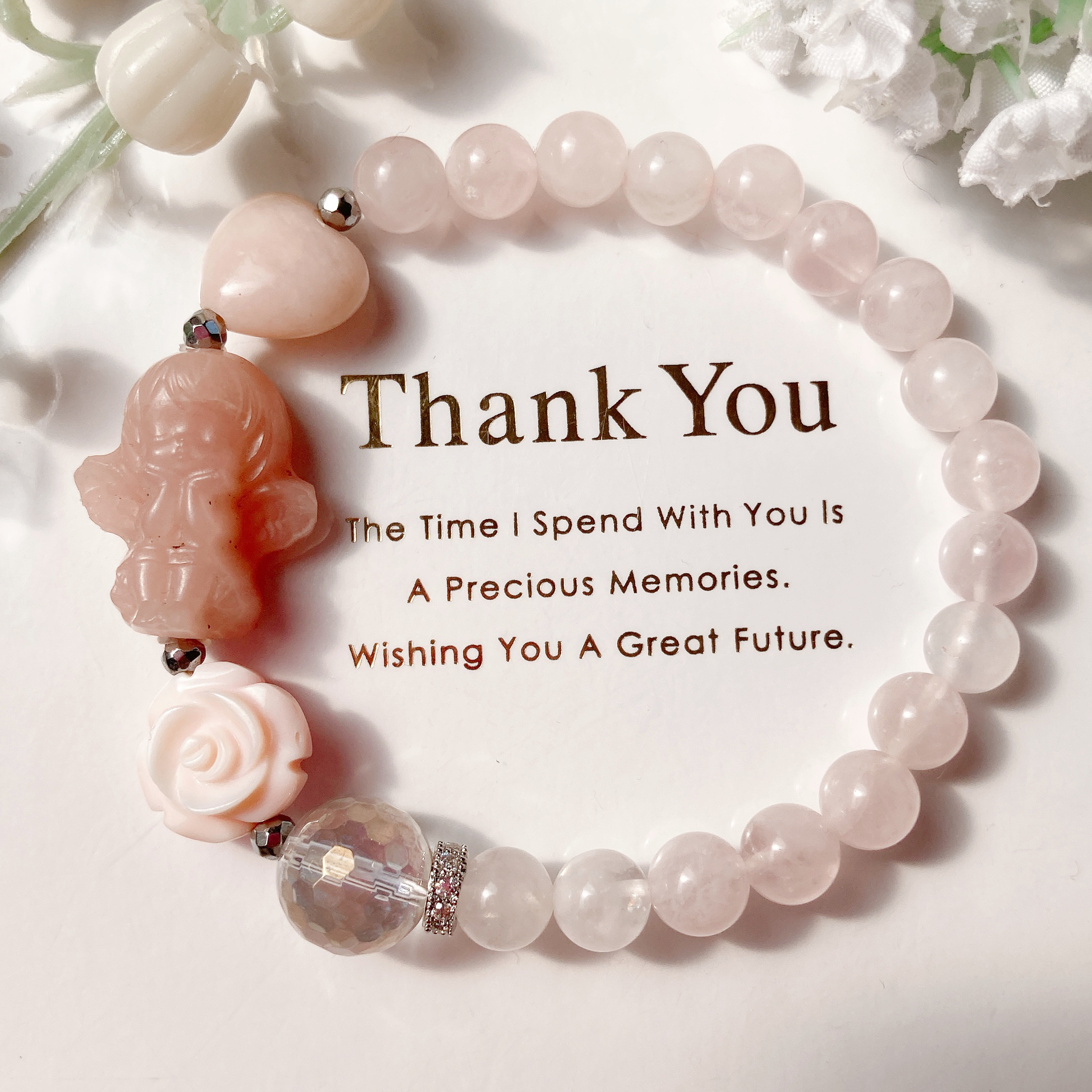 ˚✧₊⁎一点のみ˚✧₊⁎ピンクオパール天使ちゃんハート薔薇天然石ブレスレット