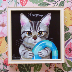 「ぼく泳げるよ！」のサバトラくん・しまねこ・浮き輪・決意・キリッと目・猫かき・練習中・パステル画・一点物・フレーム付き 1枚目の画像