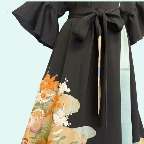 黒留袖 最強着映えワンピース 着丈122cm 着物リメイク 結婚式