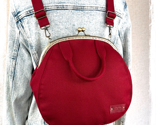 62.受注制作/送料込 3waybag ワインレッド25cmがま口リュック
